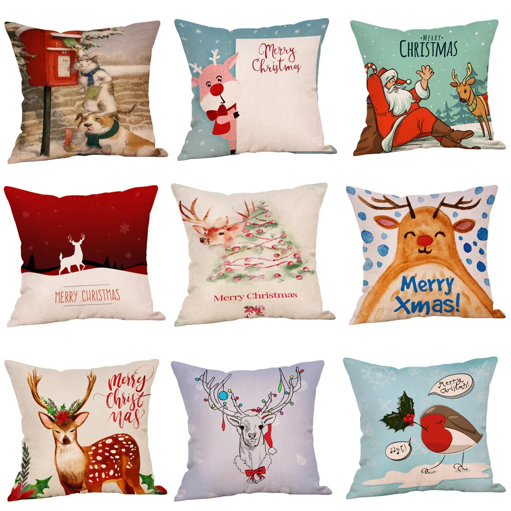 New Hot Sale Happy Christmas Pillow Cases Linen Sofa Cushion Cover Home Decor Pillow Case наволочка
