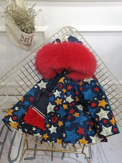 Star Red Fur Children Winter Jacket Graffiti Boys Girls Real Fur Coat Thick Warm Rabbit Fur Kids Jacket Coat Furry Natural Fur Collar TZ428 - Цвет: Star Red Fur