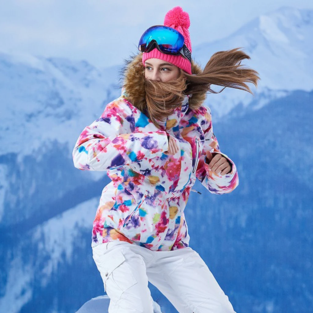 Модная теплая для лыжного спорта костюм Женская водонепроницаемая ветроустойчивый сноуборд с красочным принтом Лыжная куртка пальто зимний костюм - Цвет: White   L
