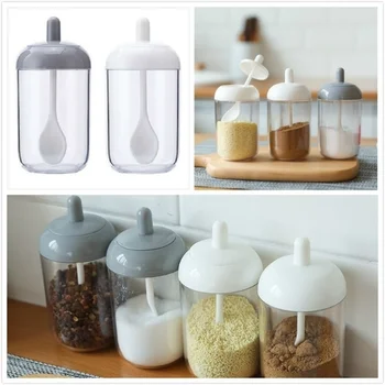 

Spice Jar with Lid Spoon Set Plastic Herb Condiment Tins Salt Storage Container Seal Box Pepper Seasoning Cans Kitchen Organizer