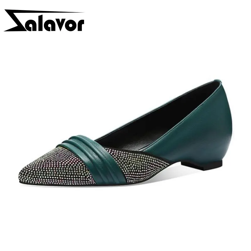 ZALAVOR Women Genuine Leather Pumps Wedges Party Casual Club Shoes Women Bling Pointed Toe