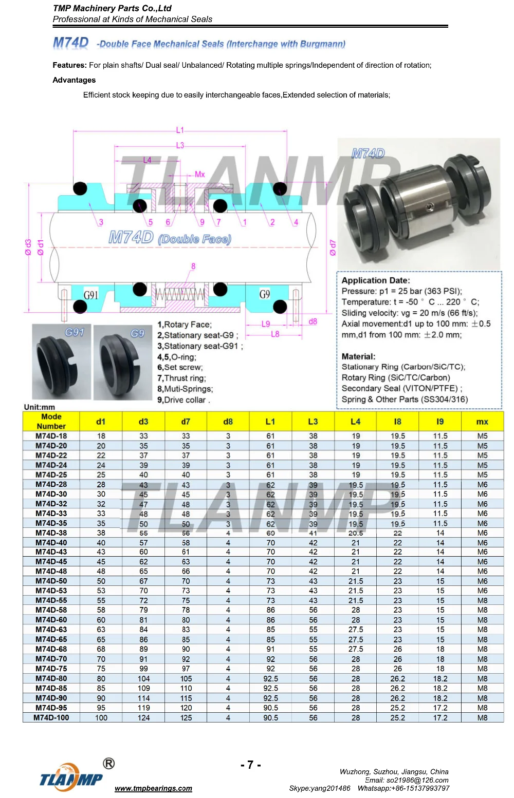 M74D-65 M74D/65-G9 механические уплотнения burgmann(материал: SiC/Vit, TC/Vit) | M74-D двойное уплотнение(двустороннее