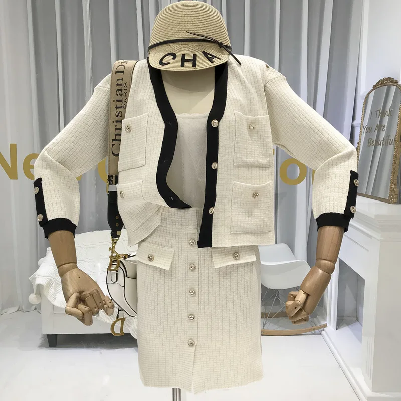 ALPHALMODA французский элегантный вязаный костюм для женщин Ретро карман Вязаный Кардиган Куртка шаг юбка из двух частей Модный комплект
