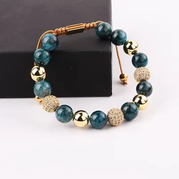 High Quality Luxury CZ Pave Ball Natural Stone Apatite Custom Women Jewelry Macrame Bracelet