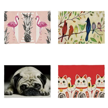 

Cute Animal Tablecloth Set Cat Flamingo Cardinal Bird Toucan Owl Pug Dachshund Lucky Cat Table Cover Polyester Linen Tablecloths