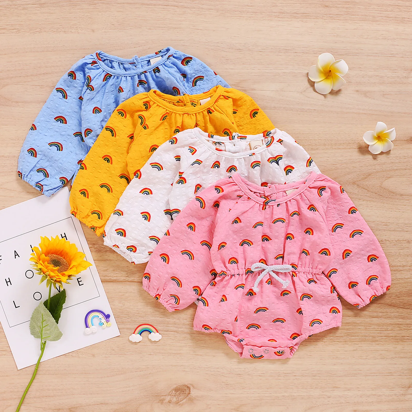 

Girls multicolor rainbow printed cotton and linen romper Toddler Baby Girls Long Sleeve Rainbow Print Romper Bodysuit Clothes Y4