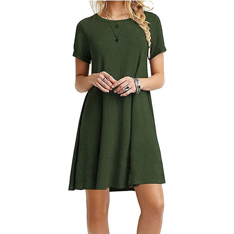 

Casual Short Sleeve Dress Women Summer Solid Color Short Mini Dresses Round Neck Loose T Shirt Dress Thin Femme Party Beach Robe