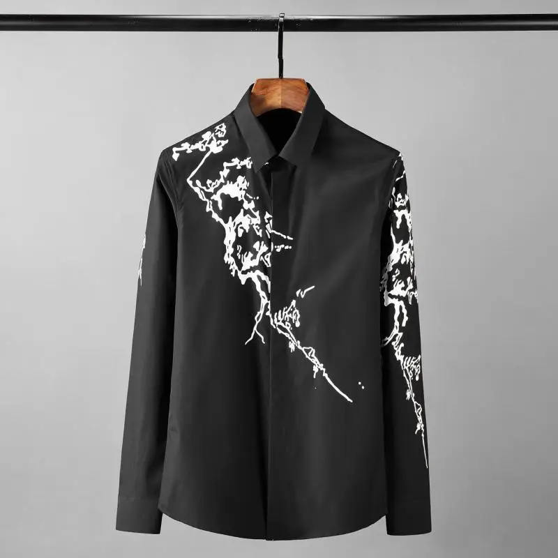 

Cotton Luxury Plum Black And White Printing Long Sleeve Mens Dress Solid Color Party Man Shirts 4XL