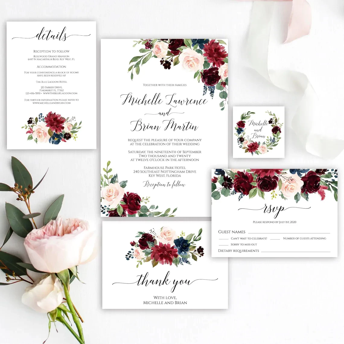 Custom Cards Greenery Wedding Invitation DETAILS Card RSVP/REPLY Printing | Дом и сад