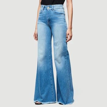 

2020 New Pocket Blue Denim Vintage Mom Full Length Plus Size Boyfriend High Waisted Flare Jeans Women Bell Bottom Pants Gradient