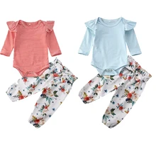 Комбинезон в полоску с рукавами-крылышками для маленьких девочек 0-24 месяцев, топы, штаны с цветочным принтом, одежда из 2 предметов