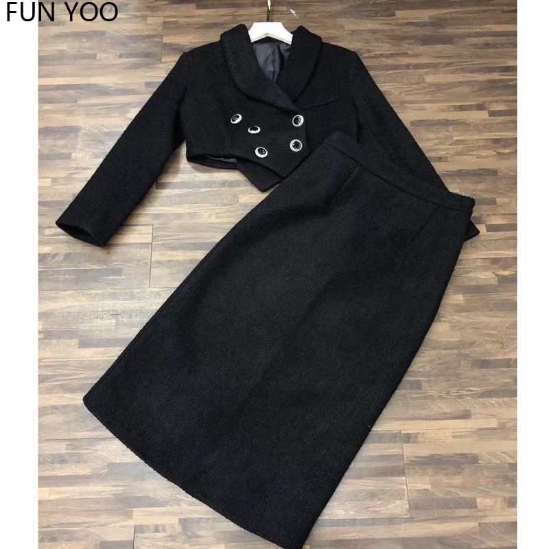 

2019 Woman Wool Suits Short Coat Turn down Collar Single Breased Autumn Mid-calf Skirt Elegant Button Slim High Street Chic