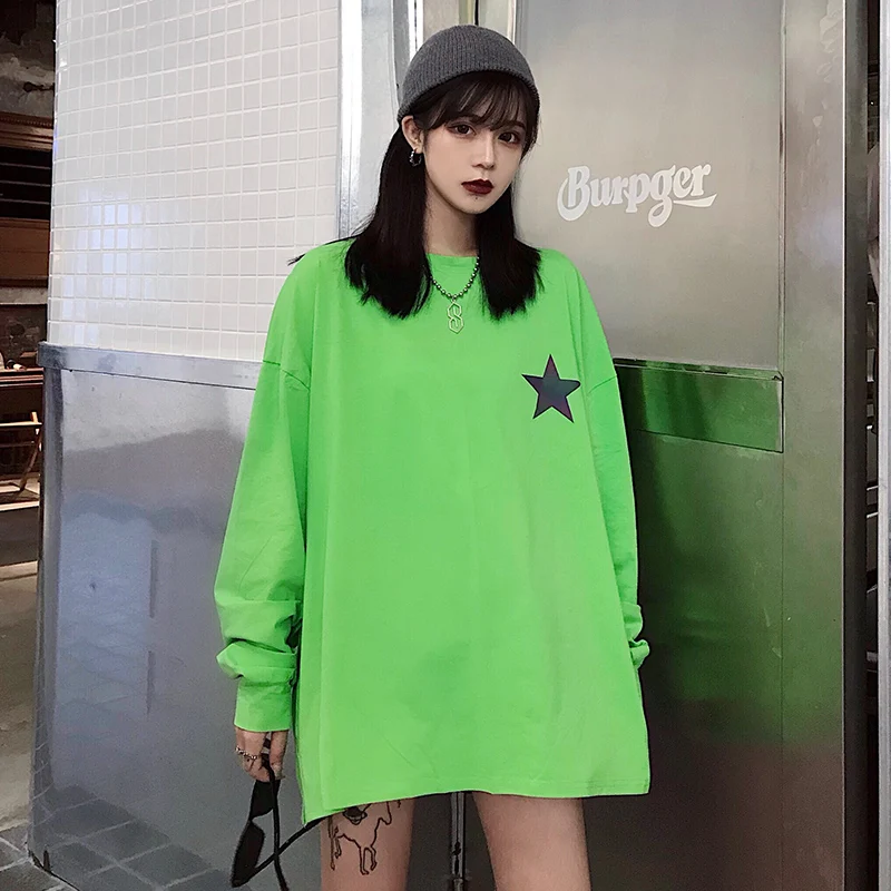 Женские футболки, топы, японские Kawaii, для девушек, Ulzzang, с принтом, светоотражающие, с длинным рукавом, футболка, женская, Harajuku, одежда для женщин