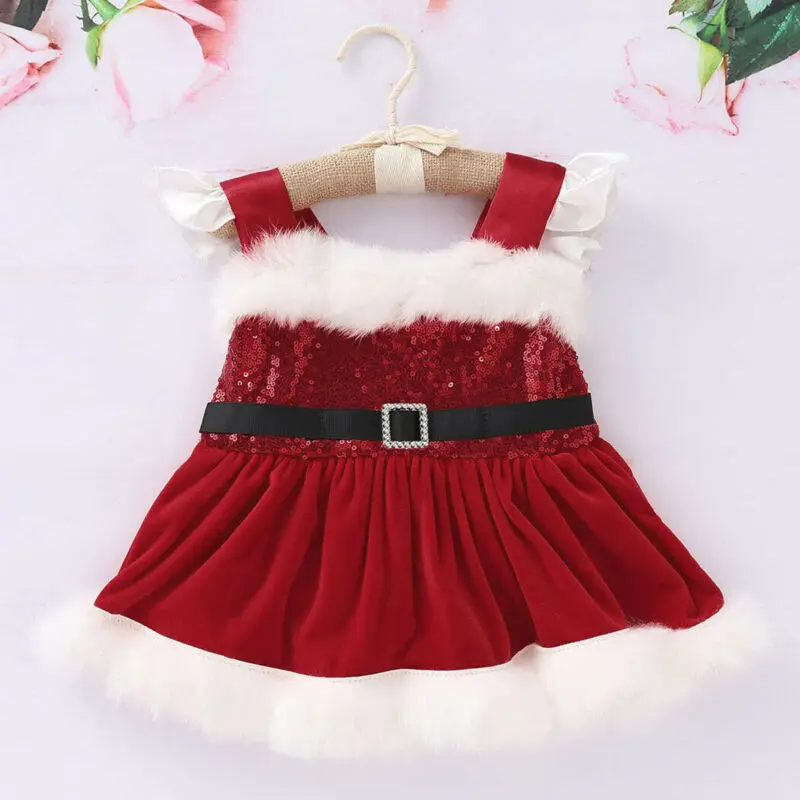 Xmas Newborn Baby Girl Sleeveless Santa Claus Fur Sequins Party Dress One Pieces Girls Clothes 0-18M