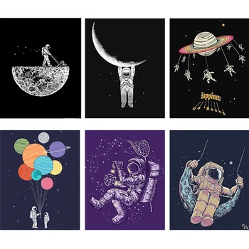 

Astronaut DIY Painting By Numbers Castle Kit Cartoon Modern Wall Art Picture By Numbers Unique Gift for Home Decoration