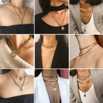 

Vintage Multi Layered Padlock Pendant Necklace for Women Steampunk Clavicle Golden Chain Necklace Collier Punk Jewelry Collar