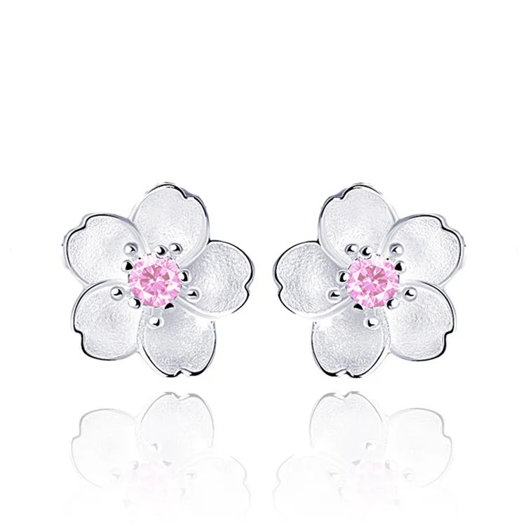 Silver 925 Jewelry Sterling Silver Earrings Cherry Blossom Inlaid Pink Zirconia Ear Studs Simple and Popular Earrings for Women - Image 5