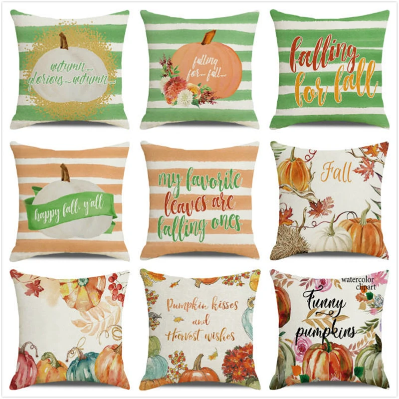 

45cm*45cm watercolor pumpkins Happy Thanksgiving Linen/Cotton Throw Pillow Covers Cushion Cover Home Decor Pillowcase