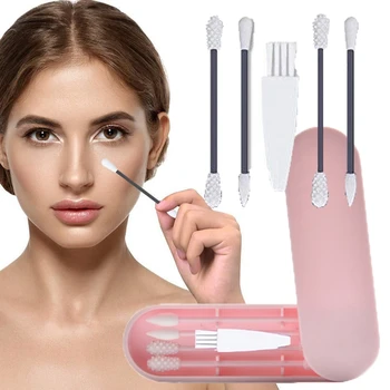 

4Pcs/Box Reusable Cotton Swab Ear Cleaning Silicone Washable Cosmetic Buds Swabs for Cleaning Makeup Tool(Purple Pink)