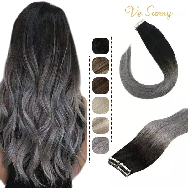 VeSunny-Cinta en extensiones de cabello humano, adhesivo de cabello humano Remy, degradado, negro y gris, pegamento de 50g en cabello liso, trama de piel sin costuras