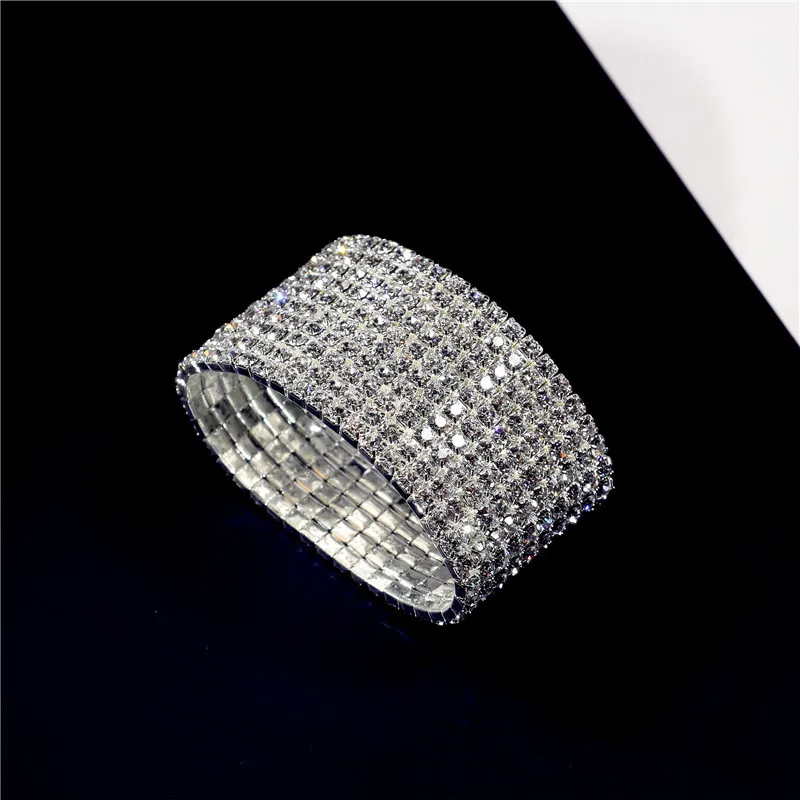 Bangle Bracelet TREAZY 1-10 Rows Rhinestones Bridal Wedding Bangles Gold/Silver Color Crystal Stretch Bracelet Women Wristband Elastic Jewelry