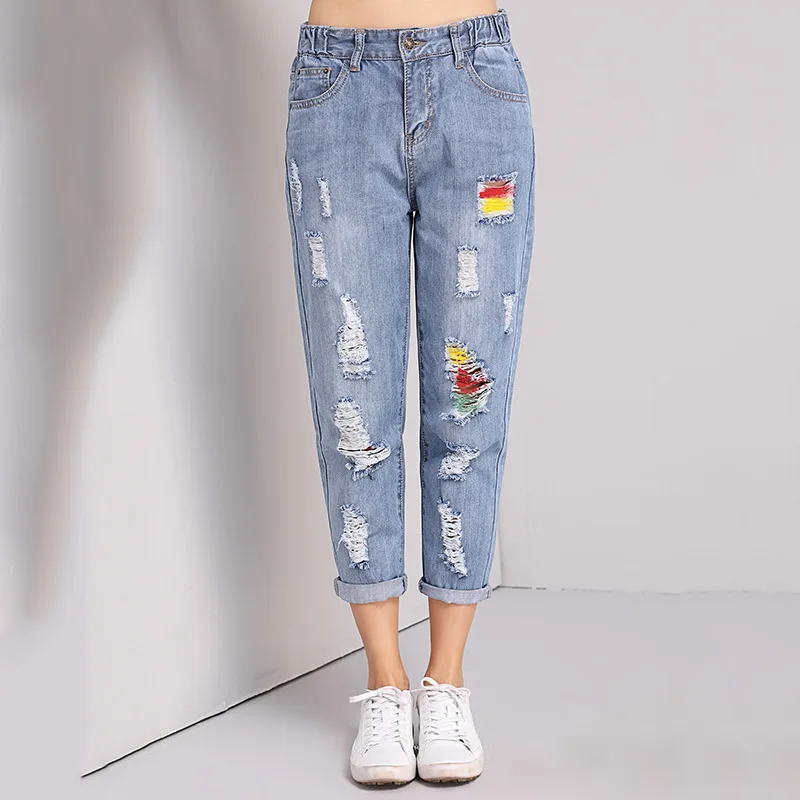 2019 модные весенне-летние джинсы больших размеров с дырками для женщин до середины талии, свободные джинсы-шаровары женские рваные
