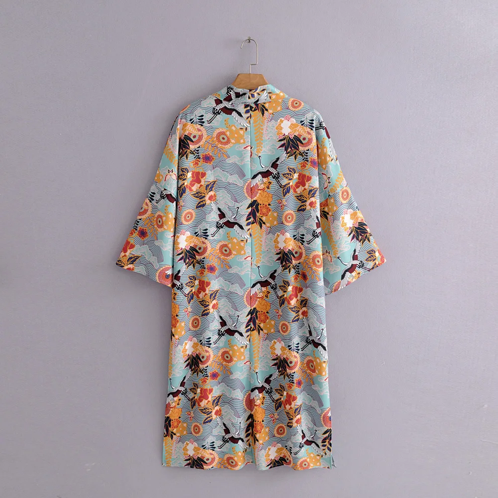 

2018 Western Style Spring And Summer WOMEN'S Dress New Style Printed Crane Kimono Jacket