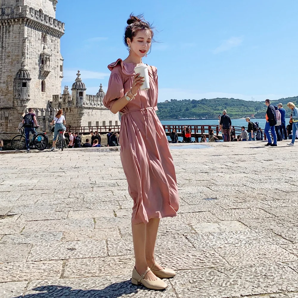 

France Non-mainstream Fairy Skirt 2019 Summer New Style WOMEN'S Dress-Style Retro Double Layer Ruffled Collar Waist Hugging Dres