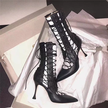 

Straps High Heels Gladiator Shoes Woman Sexy Pointy Toe Black Fashion Ankle Boots For Women 2020 New Cutouts Lace Up Women Boots