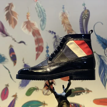 

Up Brogues Men Lace Cow Leather Handmade Ankle Boots Brand Carved High Top Dress Office Shoes Male Oxford Botas Plus Size