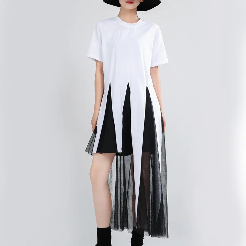

Plus size summer 2020 new female original personality design irregular mesh splicing contrast color dress
