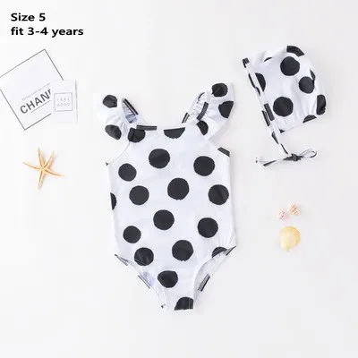 Spots 5 Летний купальный костюм для девочек+ шапочка, 2 цвета, купальный костюм в морскую полоску с бантом купальный костюм с бантом на одно плечо для маленьких детей - Цвет: Spots 5