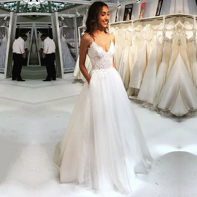 Eightale Wedding Dress Spaghetti Strap V-neck Appliques