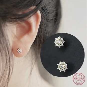 925 Sterling Silver Korean Simple Pavé Crystal Snowflake Stud Earrings Women Sweet and Romantic 14k Gold Plating Jewelry Gift