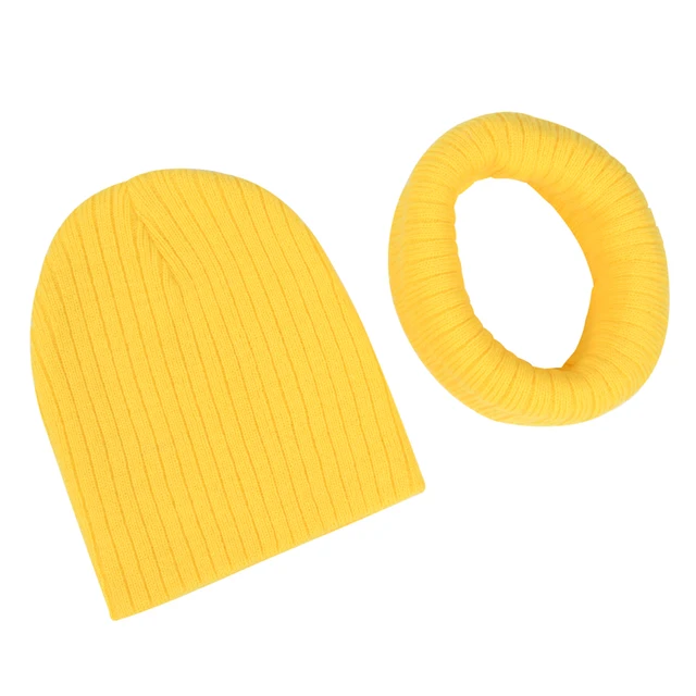 Winter Kids Boy Girl Solid Color Knitted Cap And Scarf Set Crochet Baby Beanie Hat Children's Accessories Bonnet bright yellow
