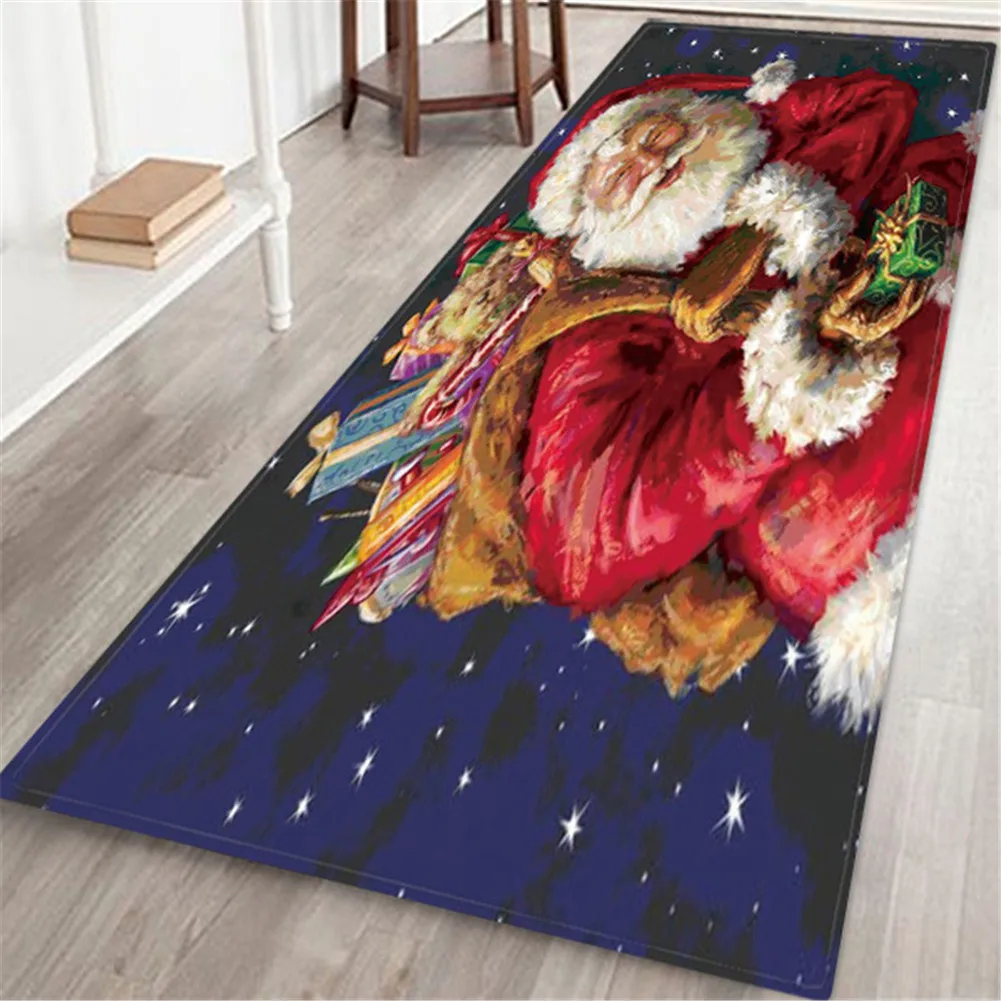 Christmas Flannel Carpet Santa Claus Rugs Anti-slip Kitchen Room Xmas Floor Mat