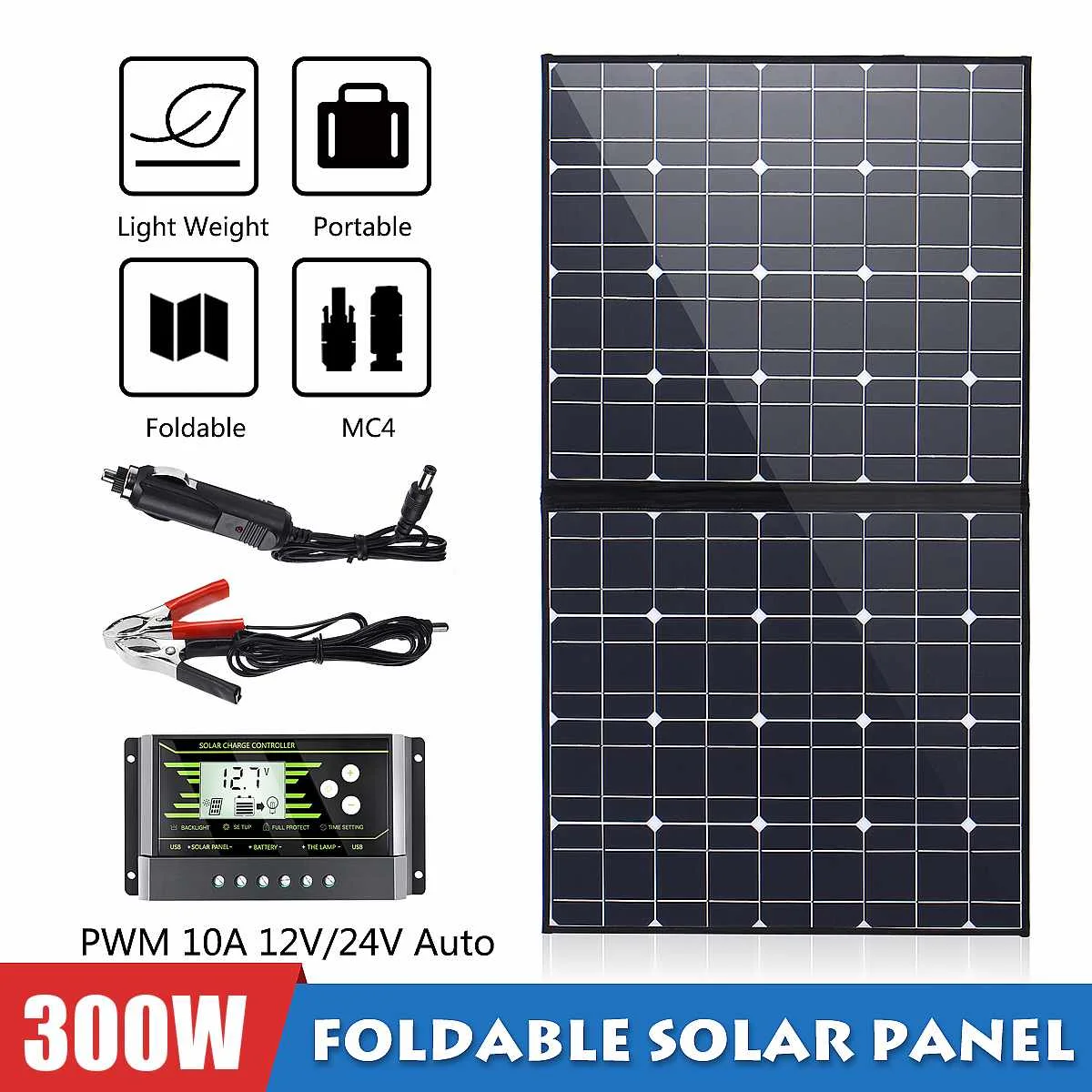 

300W 18V Solar Panel Monocrystallinel Folding Solar Cells with 1.5m MC4 Cable+USB Interface for Outdoor Working Waterproof