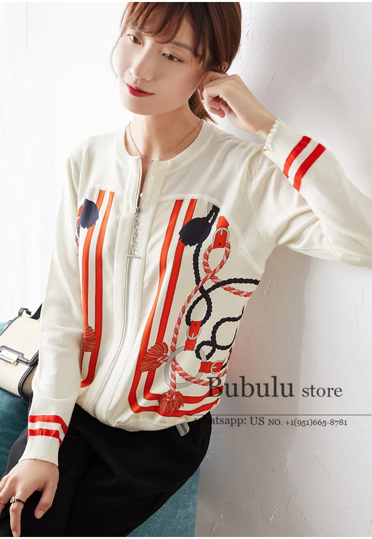 

High end women Zipper Cardigan Autumn Casual Aura Professional Twill Weave print pure Silk + Wool Blended Knitted sweater jumper