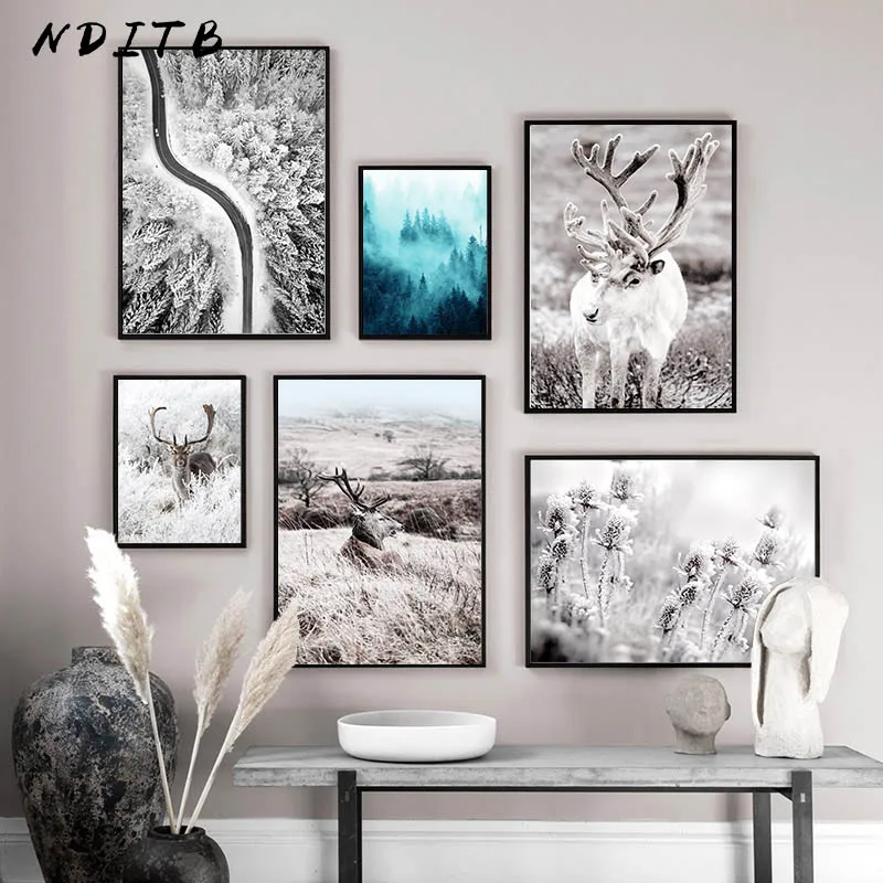 Snow Winter Forest Deer Nature Landscape Poster Nordic Canvas Print Wall Art Painting Scandinavian Decoration Picture Home Decor | Дом и сад