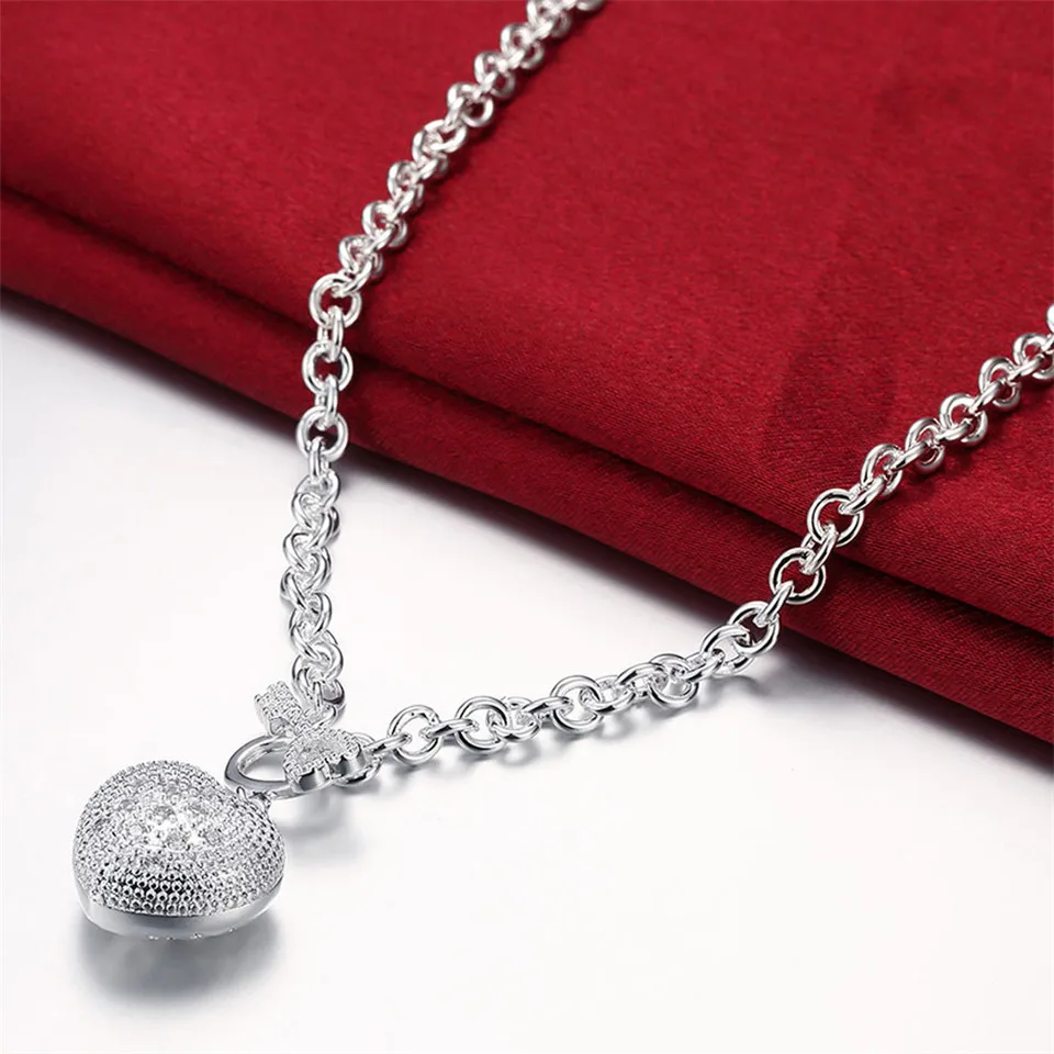 

Fashion 925 Sterling Silver Chain AAA Zircon Heart Pendant Necklace For Women Charm Wedding Engagement Jewelry