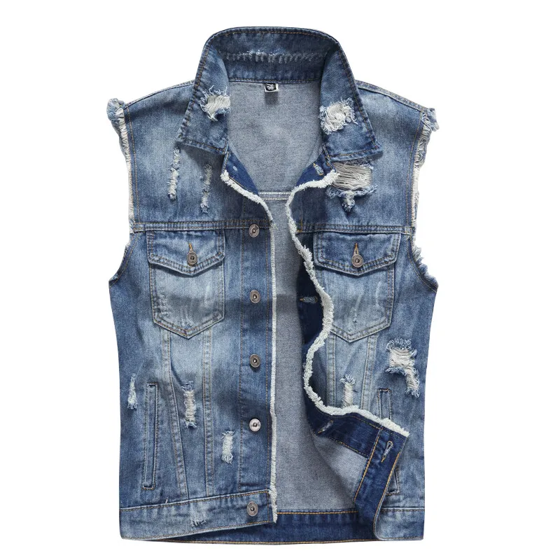 

KIMSERE Men Hi Street Destroyed Denim Vests Ripped Sleeveless Jean Jacket For Male Torn Waistcoat With Holes Plus Size M-5XL