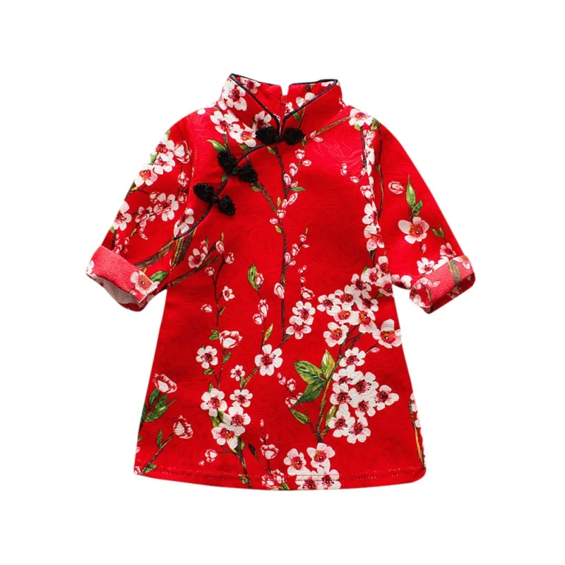 Платье для девочек в китайском стиле; Новогоднее приталенное платье принцессы с короткими рукавами и цветочным принтом для девочек на год - Цвет: A1