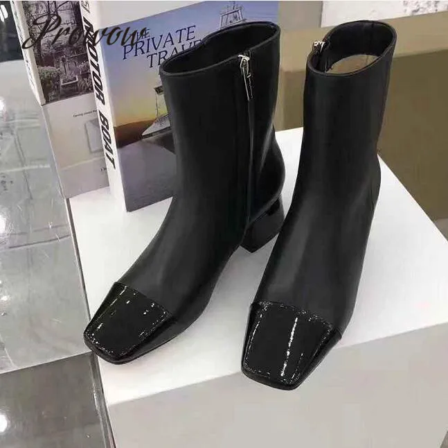 

Prowow New Genuine Leather Zip Side Autumn Winter Boots Square Toe Low Heel Thick Heel Fashion Boots Shoes Women