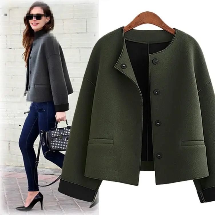 

2019 Autumn Round Neck Short Woolen Coat Women Single Breasted Long Sleeve Solid Jacket O-Neck Large Casual Outwear