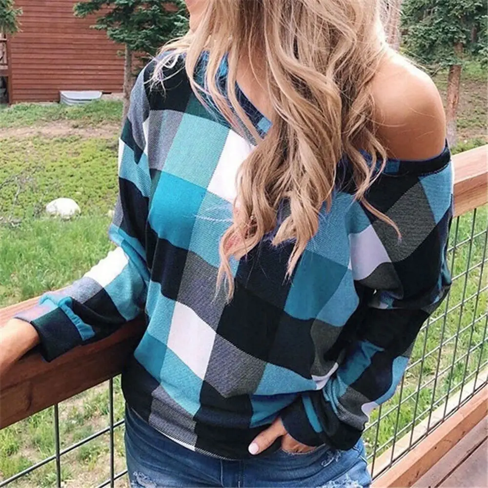 

WENYUJH 2019 New Autumn Winter Women Plaid Printed Crewneck T-Shirt Loose Long Sleeve Outerwear T-Shirts Fashion Women Tops
