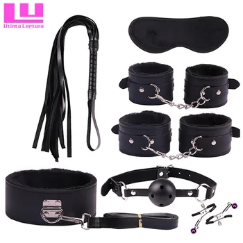 7 in 1 Adult Game Sex Bondage,Restraint,Handcuff,Mouth Plug,Whip,Collar,Nipple Clip,Sexual Fantasy Toys PU Leather SM Product 6