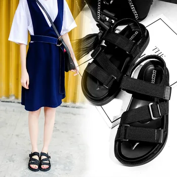 

CINESSD Fabric Fashion Rome Ladies Sandal Shoes Woman Sandals 2020 Summer New Flat Sneakers Women Black Hook Loop Shoes Female