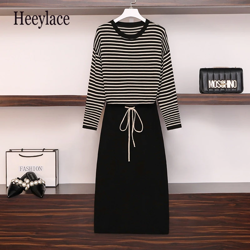 

plus size women knit striped long sleeve sweaters tops and lace up elastic high waist knitted skirts women new autumn winter set