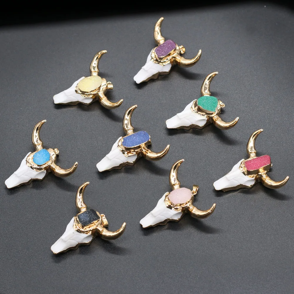 

1pcs Natural Stone Bull Head Bone Plus Crystal Agates Charm Pendant for Necklace Bracelet Accessories Jewelry Making DIY 46x46mm