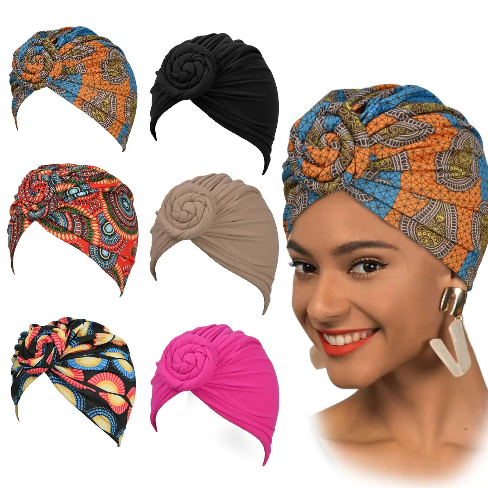 african wear for women 2022 Fashion Pre Tied Knot Head Wraps for Women Turban Bonnet African Headtie Headwrap Bohemia Muslim Hijab Cap african traditional clothing